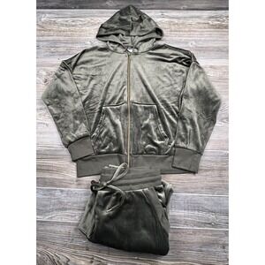 Felina Womens MED Velour Hoodie Jogger Set Olive Green Soft Athleisure Loungwear